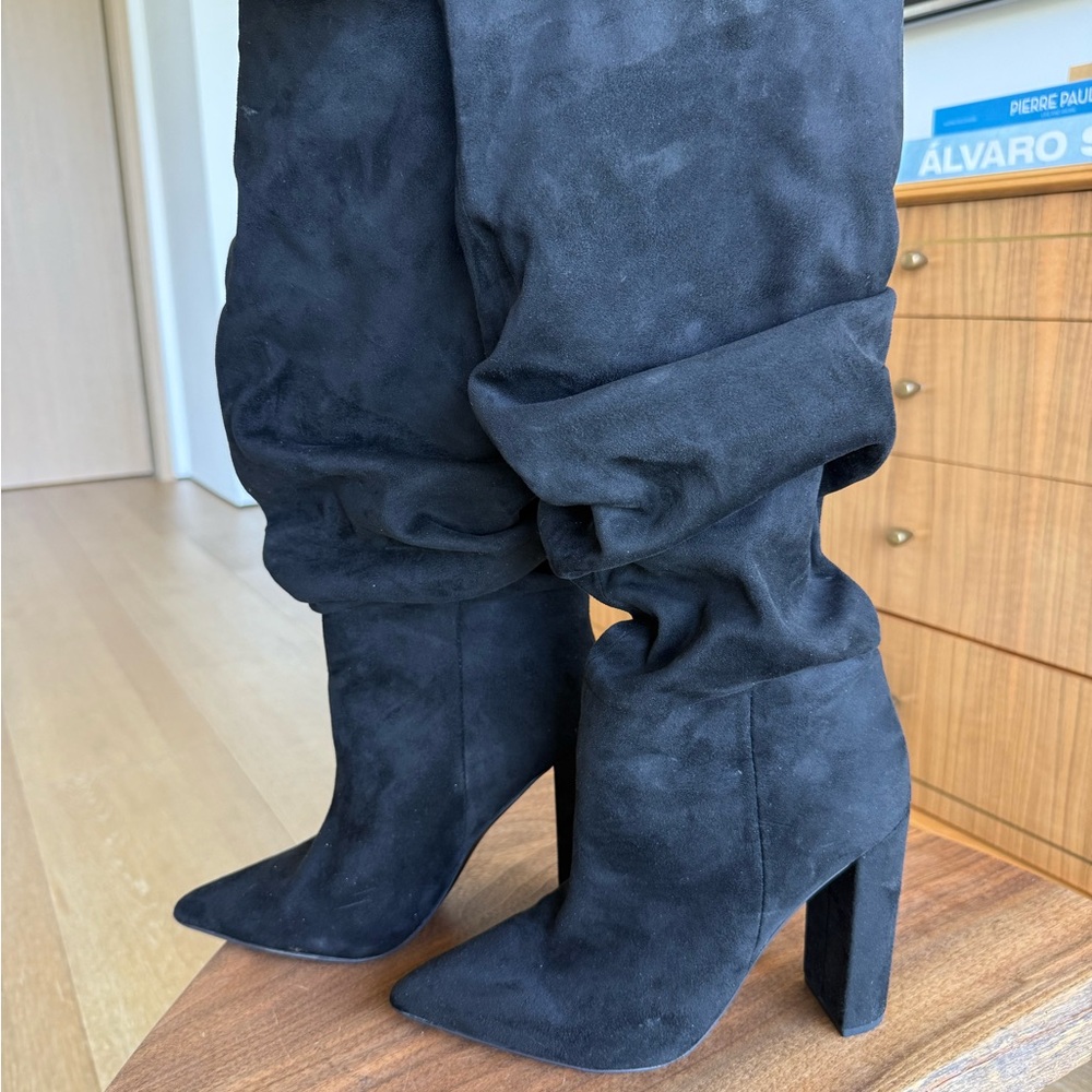 Steve Madden Black Suede Slouch Under the Knee-High Block Heel Boots